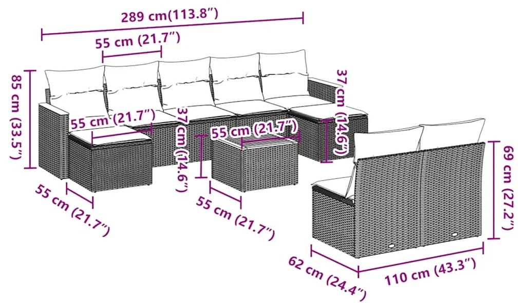 vidaXL Σαλόνι Κήπου Σετ 10 Τεμαχίων Μαύρο Συνθετικό Ρατάν με Μαξιλάρια