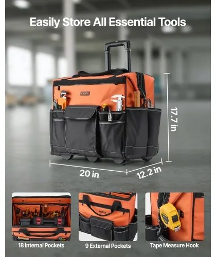 VEVOR Rolling Tool Bag 27 Pockets Heavy Duty Roller Tool Bag on Wheels