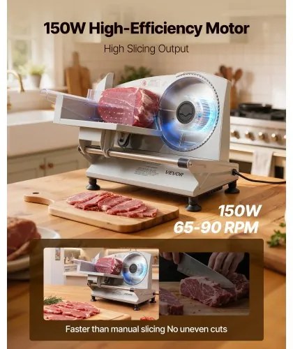 VEVOR Meat Slicer, 150W Electric Deli Slicer Machine with 170 mm Sharp Blade, Home Meat-Slicer with 65-90 RPM Slicing Speed, 0-15 mm Adjustable Thickness, for Frozen Meat, Ham, Baguett &amp; Prime Steak