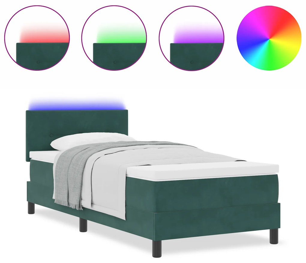 vidaXL Κρεβάτι Box Spring με Στρώμα & LED Σκούρο Πράσινο 80x200 εκ. Βελούδο