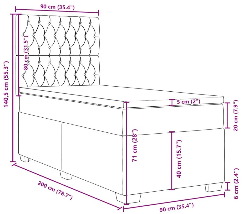 Κρεβάτι Boxspring με Στρώμα Σκούρο Γκρι 90x200 εκ. Υφασμάτινο - Γκρι