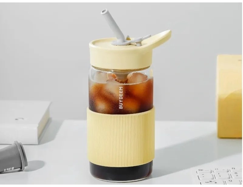 Buydeem CD1017-MY φορητό μπουκάλι ποτών, 500 ml, Ενσωματωμένο καλαμάκι, Αδιάβροχο, Ανθεκτικό στη θερμότητα γυαλί έως 150°C, Χωρίς BPA, Κίτρινο