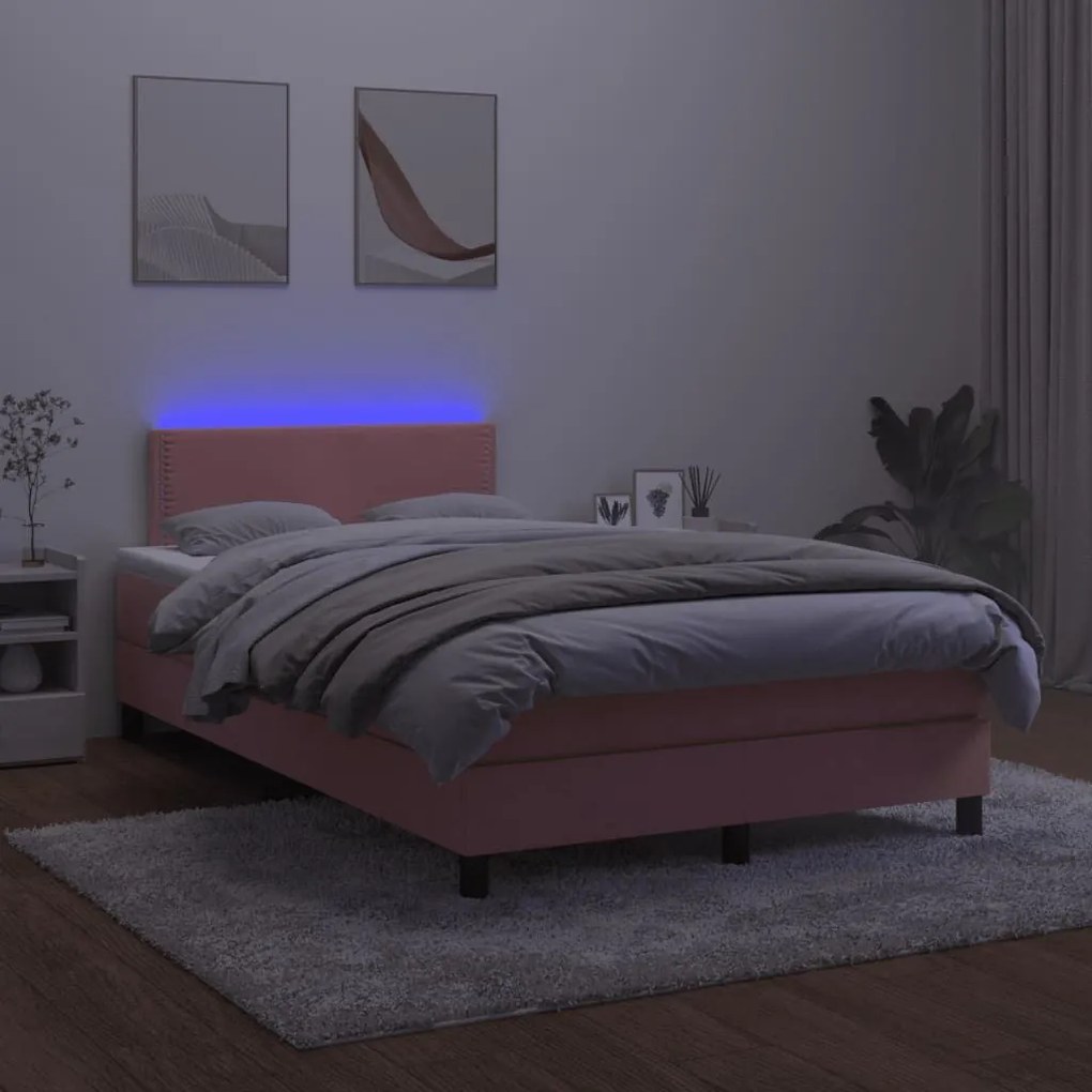 Κρεβάτι Boxspring με Στρώμα &amp; LED Ροζ 120x190 εκ. Βελούδινο - Ροζ