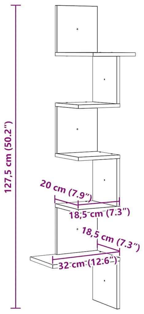 Γωνιακή Ραφιέρα Τοίχου Ξύλο Δρυός 32x32x127,5 εκ. Μοριοσανίδα - Καφέ