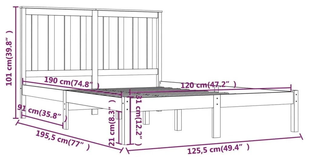 vidaXL Πλαίσιο Κρεβατιού 120 x 190 εκ. Μασίφ Πεύκο Small Double