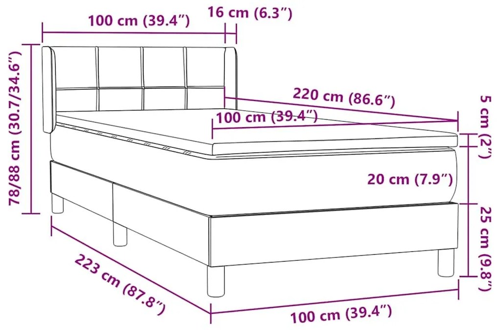 Box Spring κρεβάτι με στρώμα σκούρο μπλε 100x220 cm Βελούδινο - Μπλε