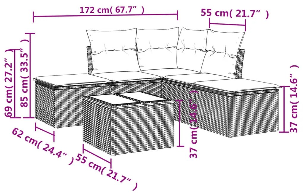 vidaXL Σαλόνι Κήπου Σετ 6 Τεμαχίων Καφέ Συνθετικό Ρατάν με Μαξιλάρια