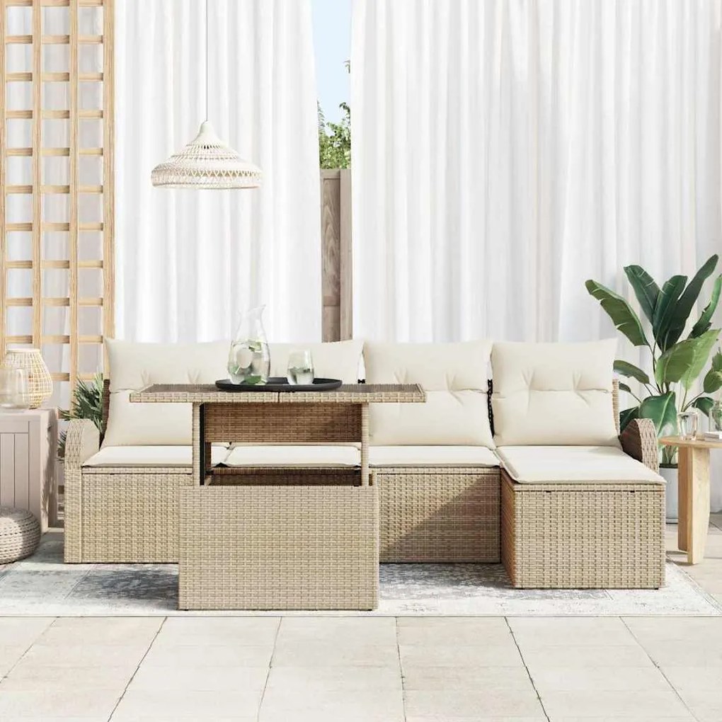 vidaXL Σετ Καναπέ Κήπου με μαξιλάρι 6 pcs Μπεζ Πολυ ράταν