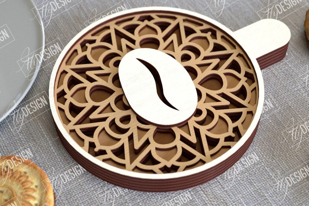 Σετ των 2 Intra απο ξύλο plywood 3mm-4mm πάχος - Καφέ Mandala | 3D πρότυπο |Φλιτζάνι καφέ Δίασταση 30x30 cm INTRAFABR-100926211