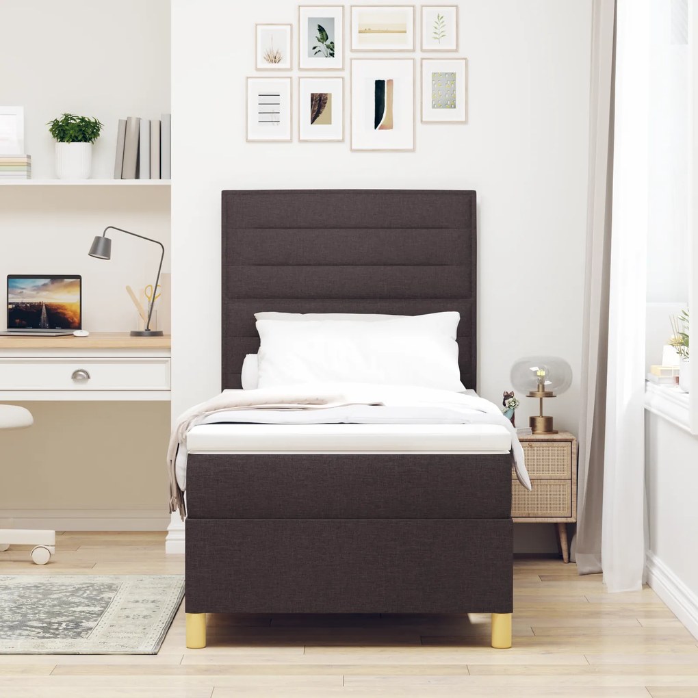 vidaXL Box Spring Κρεβάτι με Στρώμα & LED Σκούρο Καφέ 90x200 cm Ύφασμα