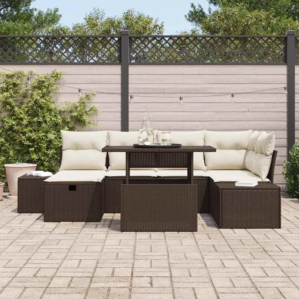 vidaXL Σετ Καναπέ Κήπου με μαξιλάρι 7 pcs Καφέ Πολυ ράταν