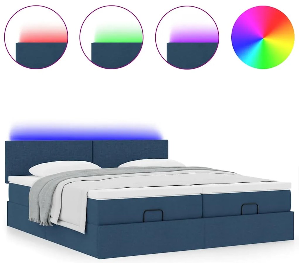 vidaXL Οθωμανικό κρεβάτι με στρώματα & LEDs Μπλε 180x200cm ύφασμα