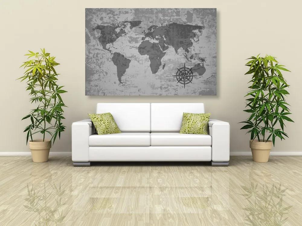 Εικόνα ενός παλιού παγκόσμιου χάρτη με πυξίδα σε ασπρόμαυρο