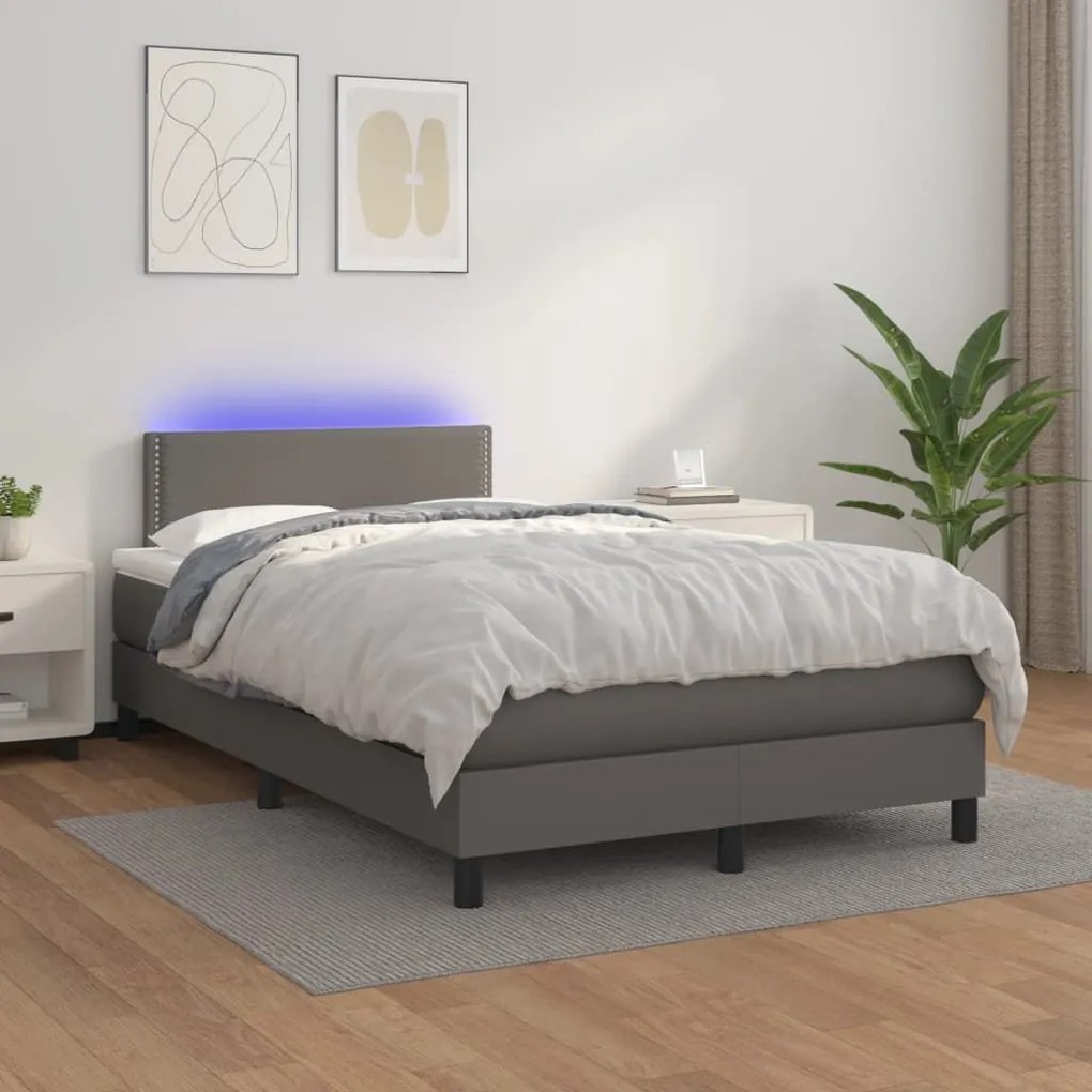 Κρεβάτι Boxspring με Στρώμα &amp; LED Γκρι 120x190 εκ. Συνθ. Δέρμα - Γκρι