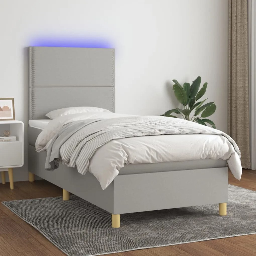 vidaXL Κρεβάτι Boxspring με Στρώμα & LED Αν.Γκρι 80x200 εκ. Υφασμάτινο