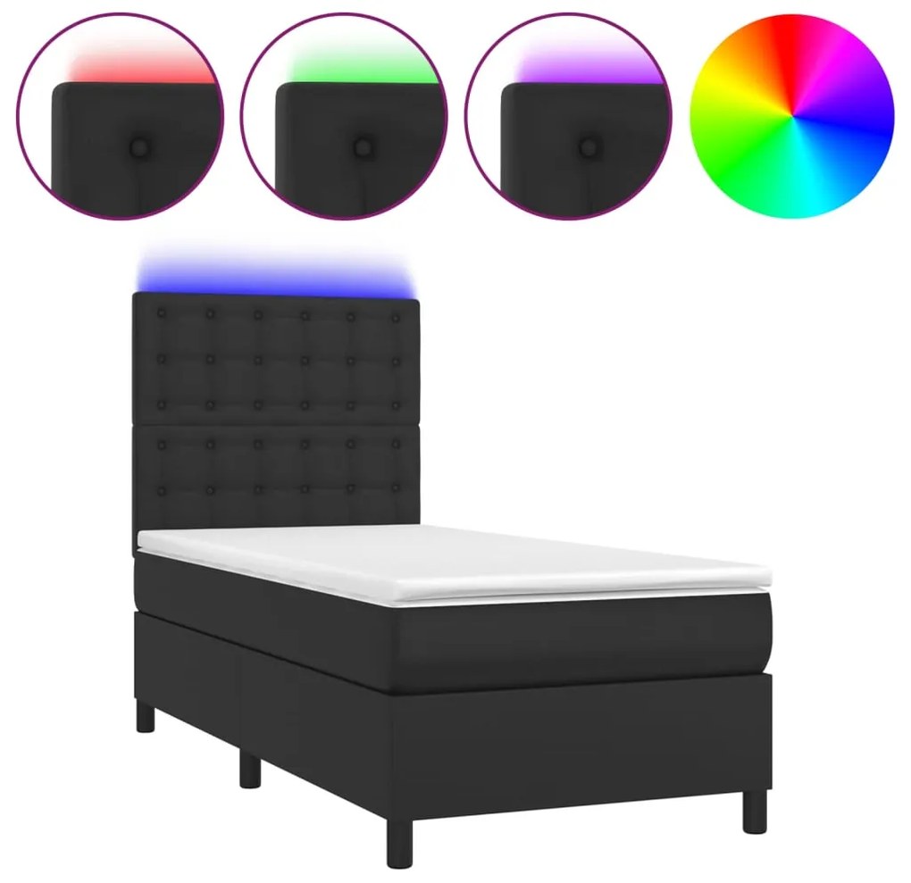 vidaXL Κρεβάτι Boxspring με Στρώμα &amp; LED Μαύρο 80x200 εκ. Συνθ. Δέρμα