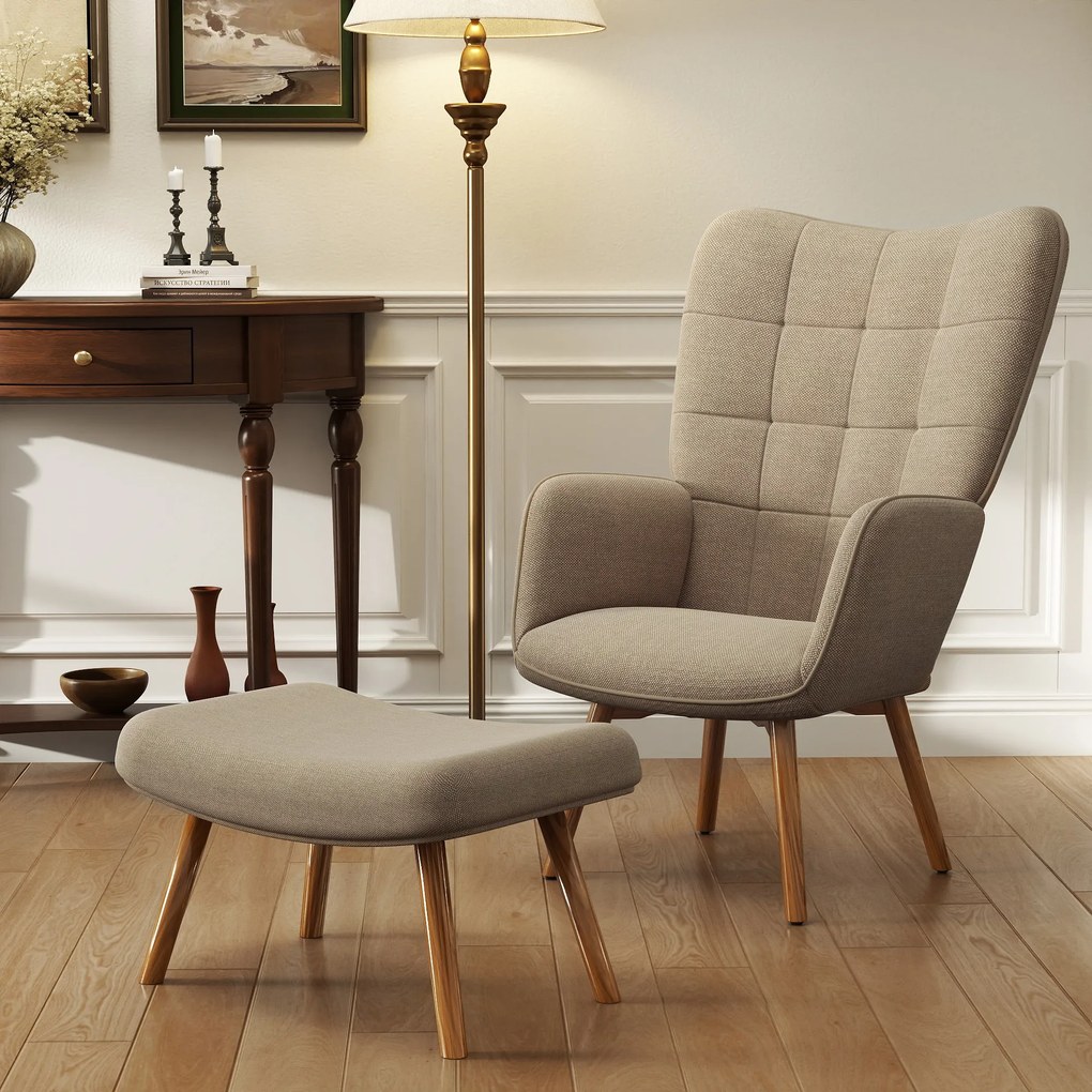 HOMCOM Πολυθρόνα με υποπόδιο, πολυθρόνα σε υφή κοτλέ, πολυθρόνα με ξύλινα πόδια, για σαλόνι, ανοιχτό καφέ