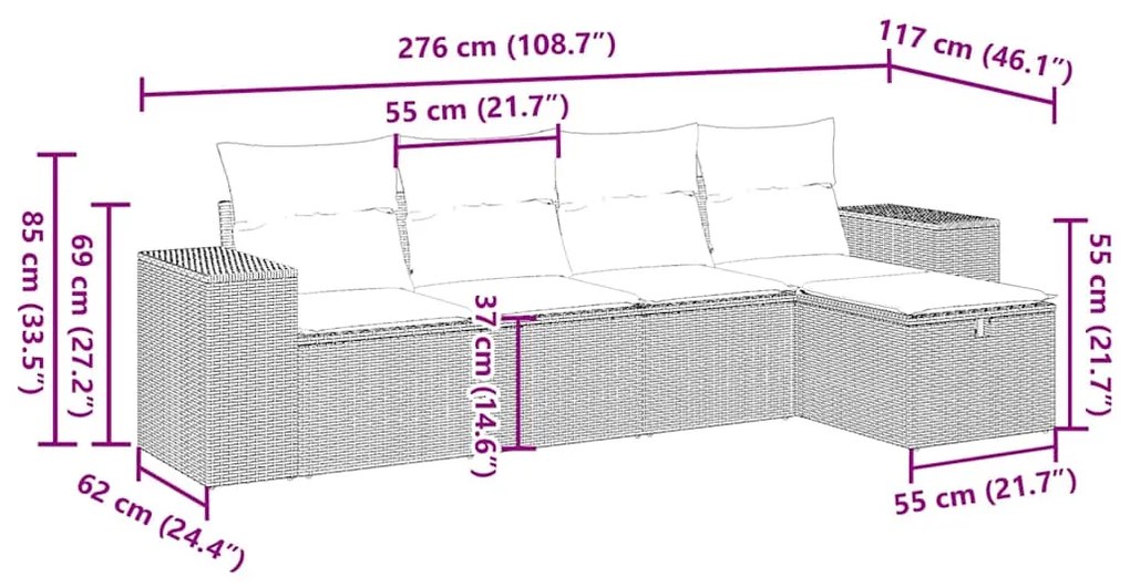 vidaXL Σαλόνι Κήπου Σετ 5 Τεμαχίων Γκρι Συνθετικό Ρατάν με Μαξιλάρια