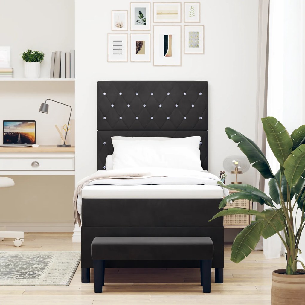 vidaXL Κρεβάτι Box Spring με Στρώμα & Παγκάκι Μαύρο 100x200 εκ. Βελούδο