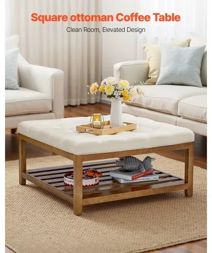 VEVOE Large Square Ottoman Coffee Table, 87.5 cm Tufted Coffee Table with Solid Wood Shelf Storage, Linen Solid Upholstered Footrest Ottoman for Bedroom Living Room, 400 LBS, Off-White