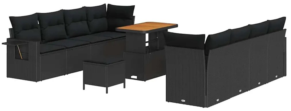 vidaXL 11 Τεμάχια Σετ Καναπέ Κήπου με Μαξιλάρια Μαύρο Πολυ Ρατάν Acacia
