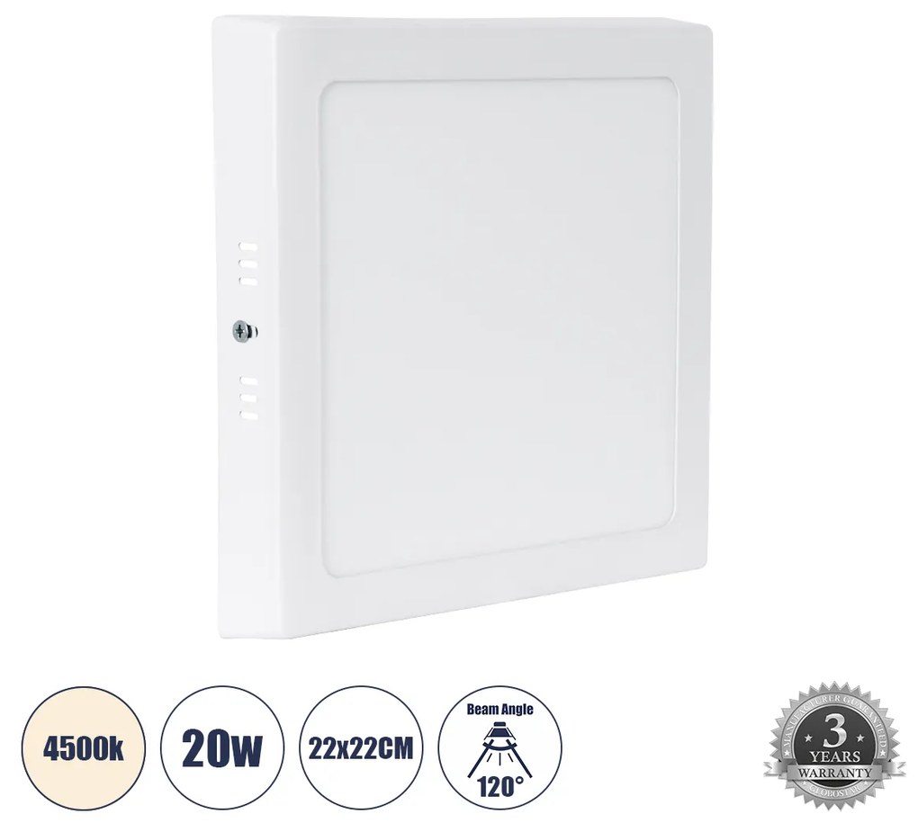 GloboStar® 60204 Εξωτερικό LED Panel 22x22cm 20W 2120lm 120° AC 220-240V IP20 Μ22 x Π22 x Υ3cm Φυσικό Λευκό 4500K - 3 Χρόνια Εγγύηση