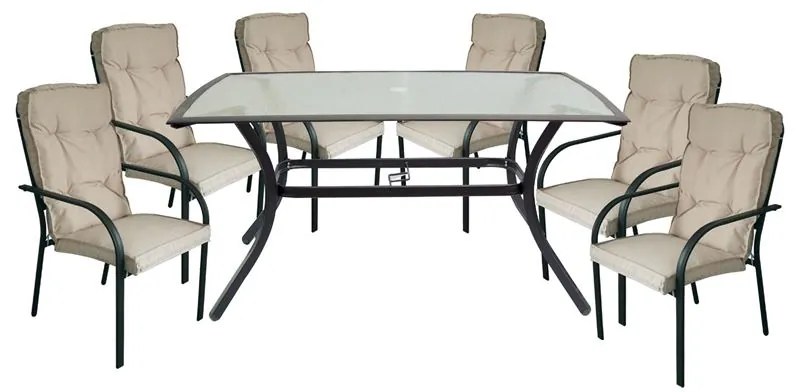 WOODWELL ASTOR Set Τραπεζαρία Κήπου: Τραπέζι + 6 Πολυθρόνες Μέταλλο Ανθρακί, Γυαλί, Μαξιλάρι Μπεζ Table:150x90x75 Chair60x77x104 Ε5151,S1