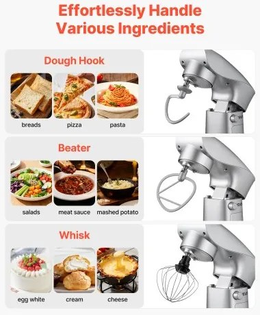 VEVOR Stand Mixer, 4.2 L Electric Kitchen Mixer, 1500W Dough-Mixer, 10 + Pulse Speeds Tilt-head Food-Mixer with Stainless Steel Bowl, Dough Hook, Whisk, Beater, for Baking, Mixing, Whipping & Kneading