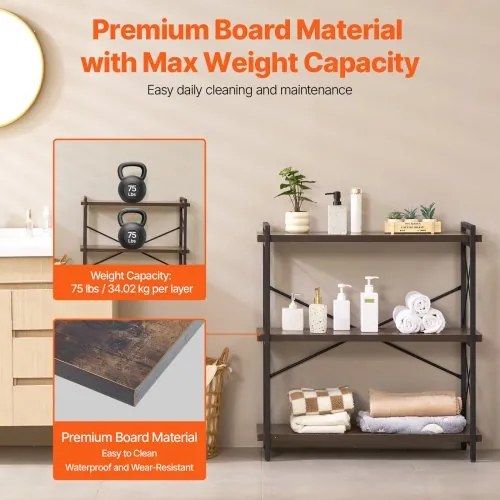 VEVOR Metal Bookshelf Rustic Bookshelf 3-Tier for Living room Bedroom &amp; Office