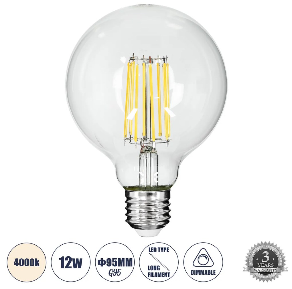 GloboStar 99054 Λάμπα LED Long Filament E27 G95 Γλόμπος 12W 1320lm 360° AC 220-240V IP20 Φ9.5 x Υ13.5cm Φυσικό Λευκό 4000K με Διάφανο Γυαλί - Dimmable - 3 Years Warranty - 99054