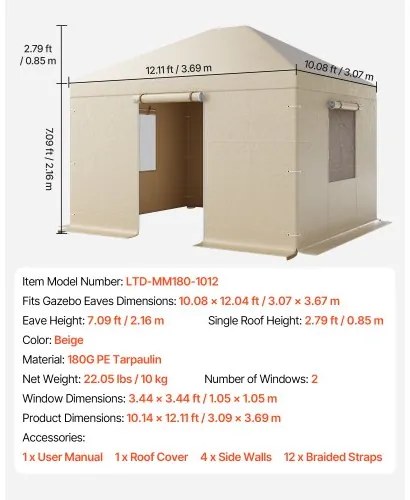 VEVOR Winter Gazebo Cover Fits 3.07 x 3.67 m Hardtop Gazebos, All-Weather Gazebo Cover with Sidewalls &amp; Windows, High-Density PE Material, Enclosed Storage Shelter Covers, Gazebos not Included