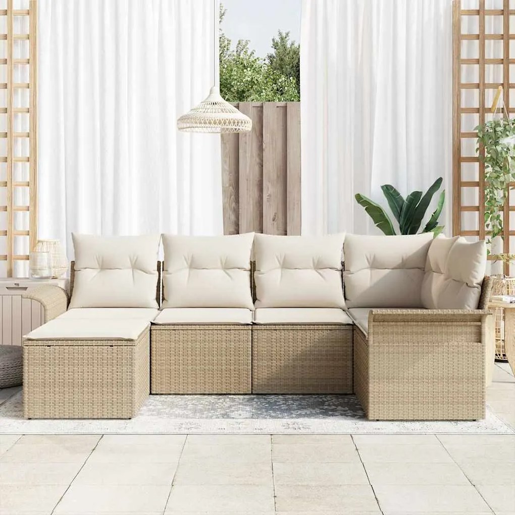 vidaXL Σετ Καναπέ Κήπου με μαξιλάρι 6 pcs Μπεζ Πολυ ράταν