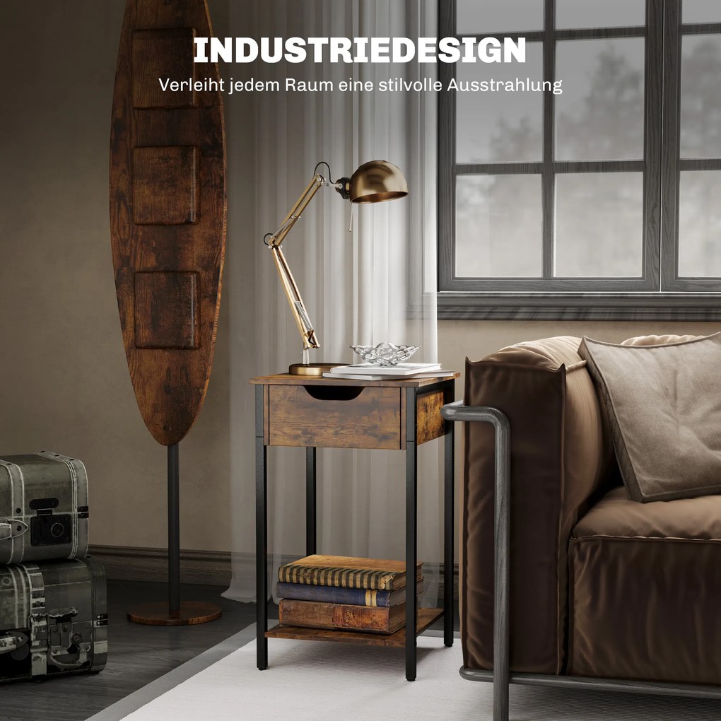 HOMCOM Κομοδίνο σε βιομηχανικό στυλ, συρτάρι, ράφι αποθήκευσης, μεταλλικό πλαίσιο, ξύλο, 40 x 40 x 68 cm, καφέ