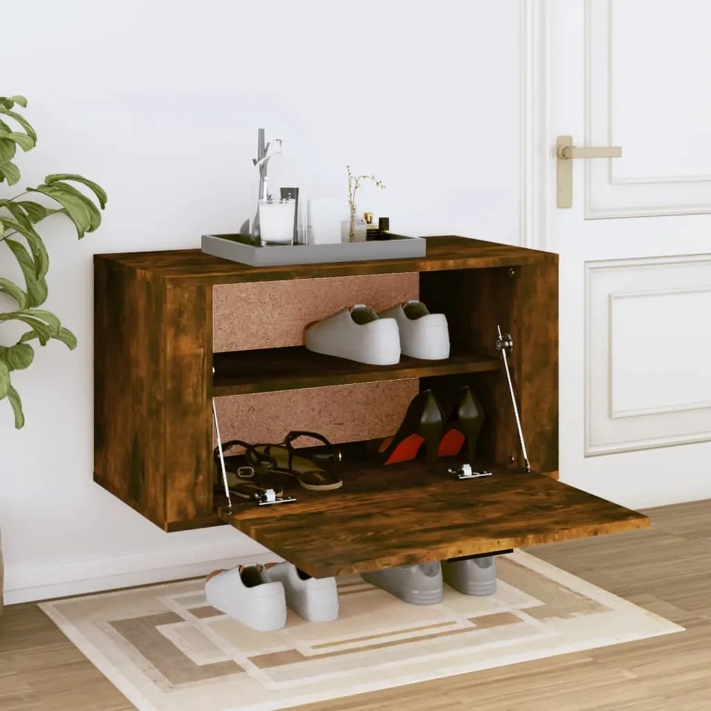 vidaXL Παπουτσοθήκη Επιτοίχια Καπν. Δρυς 70x35x38 εκ Μασίφ Ξύλο Πεύκου