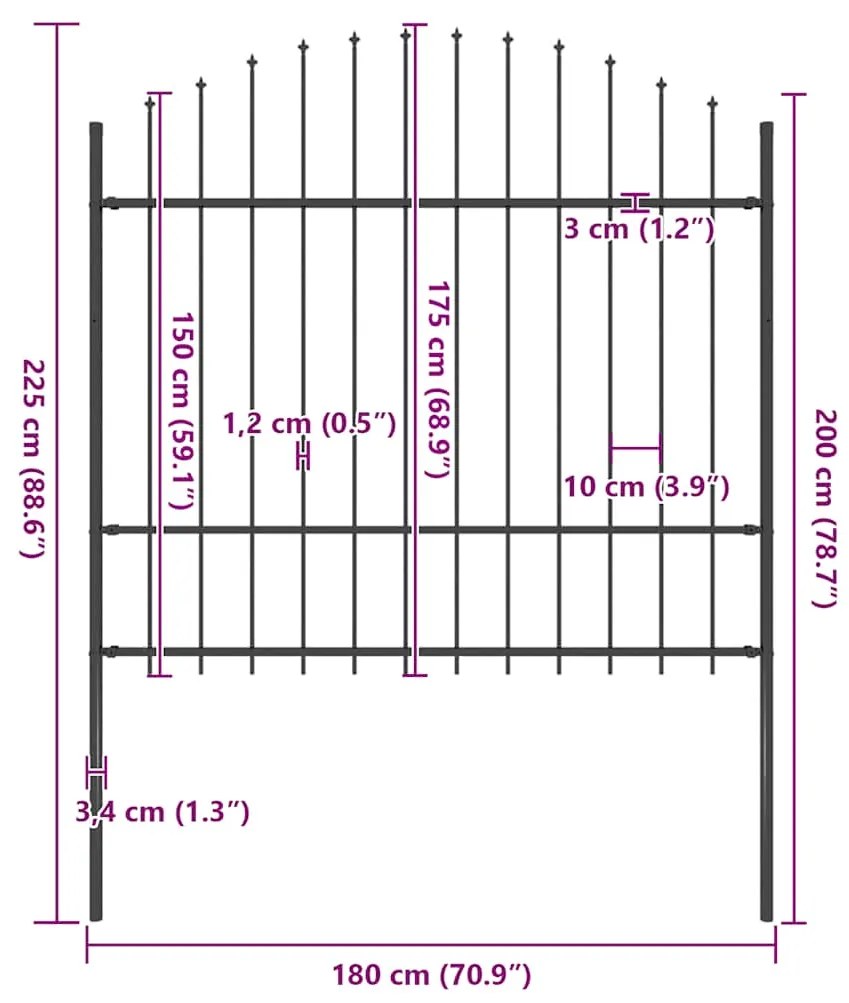 vidaXL Κάγκελα Περίφραξης με Λόγχες Μαύρα (1,5-1,75) x 1,7 μ. Ατσάλινα