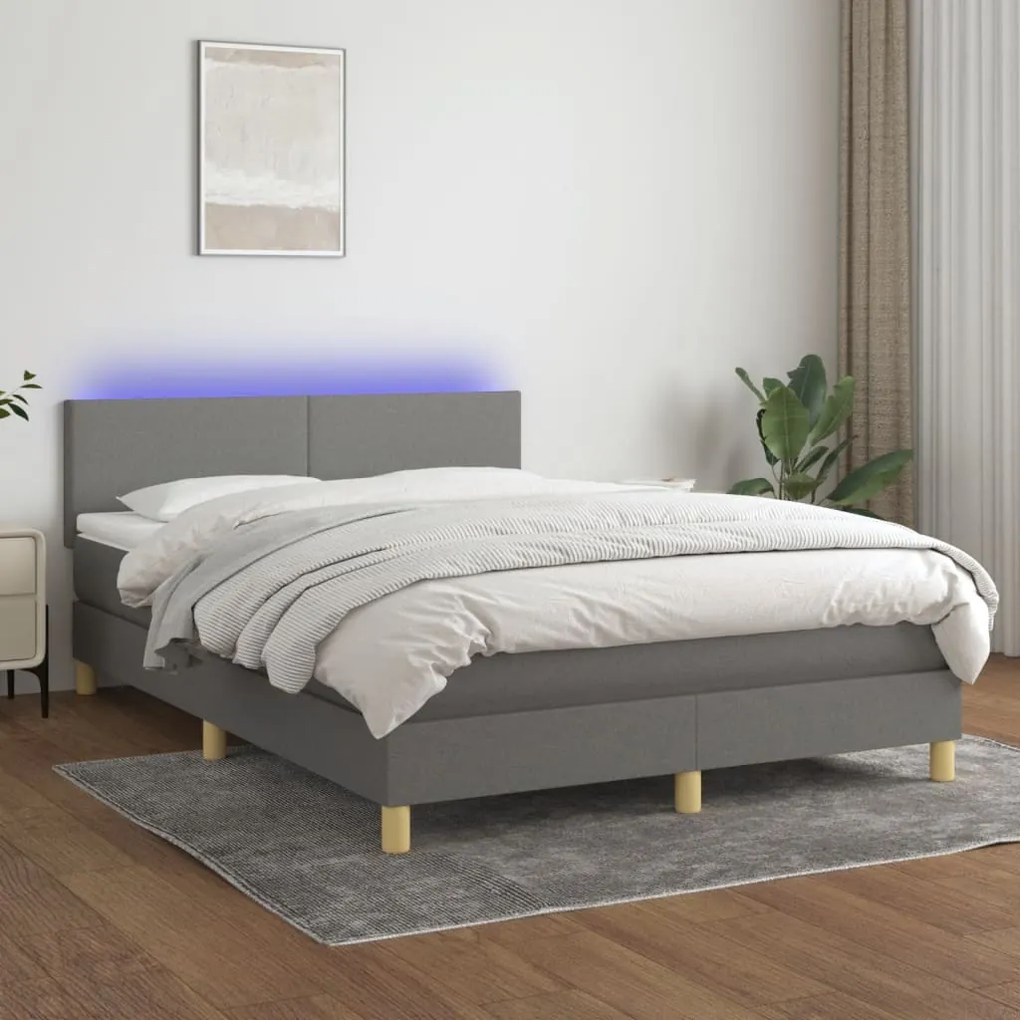 Κρεβάτι Boxspring με Στρώμα & LED Σκ.Γκρι 140x200 εκ Υφασμάτινο