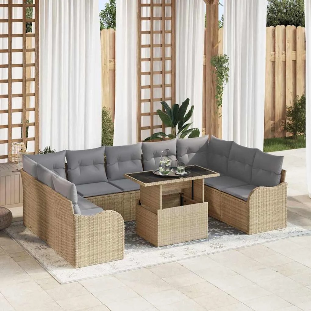 vidaXL Σετ Καναπέ Για Τον Κήπο, 10 Τεμάχια, Με Μαξιλάρια, Μπεζ, Πολυ Ράτταν