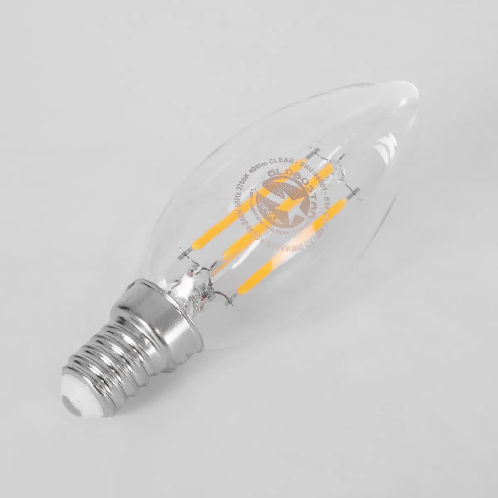 GloboStar 99001 Λάμπα LED Long Filament E14 C35 Κεράκι 4W 400lm 360° AC 220-240V IP20 Φ3.5 x Υ10.5cm Θερμό Λευκό 2700K με Διάφανο Γυαλί Dimmable - 3 Χρόνια Εγγύηση - 99001