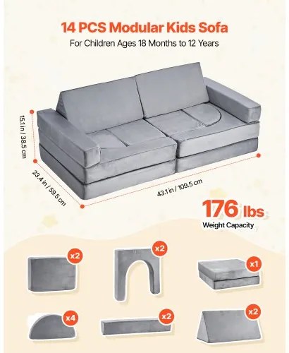 VEVOR Modular Kids Play Couch, Sectional Toddler Sofa with Armrests, 28D Sponge &amp; Short Pile, Convertible Kids Modular Couch DIY Creative Combination for Playroom, Bedroom, Living Room, 14 Pcs, Gray