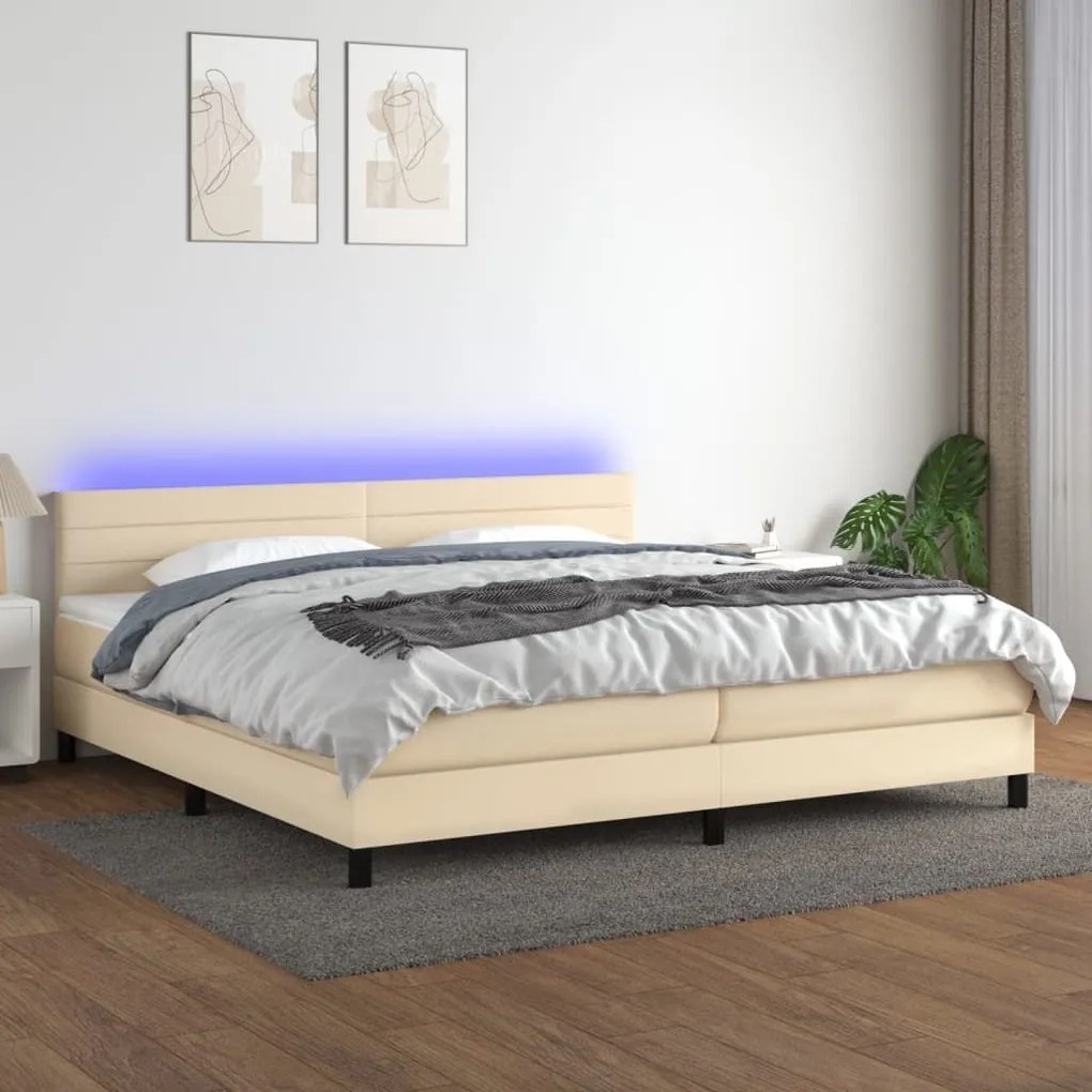 Κρεβάτι Boxspring με Στρώμα &amp; LED Κρεμ 200x200 εκ. Υφασμάτινο - Κρεμ