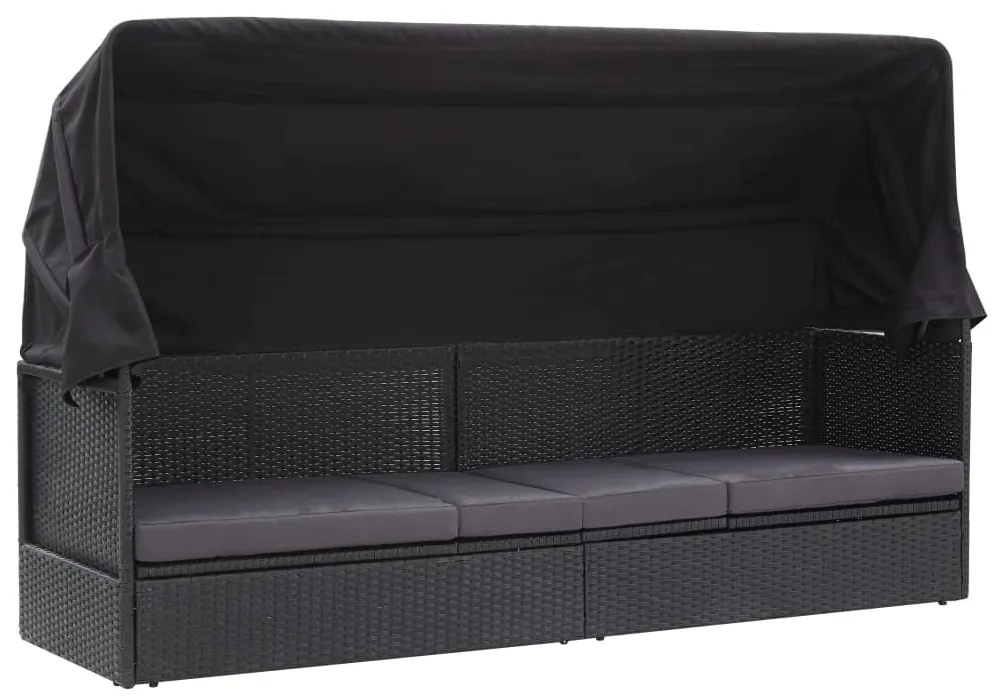 vidaXL Καναπές - Κρεβάτι Κήπου Μαύρος από Συνθετικό Ρατάν με Σκίαστρο