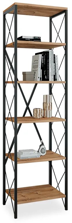 Βιβλιοθήκη-στήλη PWF-0321 pakoworld πεύκο - μαύρος μεταλλικός σκελετός 50x35x180εκ