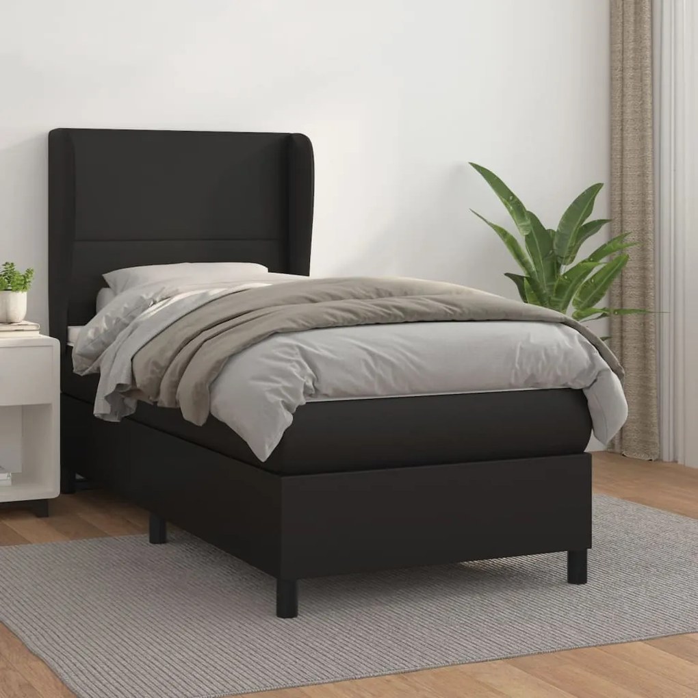 vidaXL Κρεβάτι Boxspring με Στρώμα Μαύρο 90x200εκ. από Συνθετικό Δέρμα