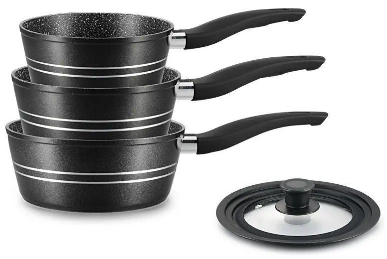 Σετ κατσαρόλες Royalty Line RL-FS3M BLACK, 4 τεμ., Αντικολλητική επίστρωση, Χωρίς PFOA, Κρύες λαβές, Επαγωγή, Μαύρο