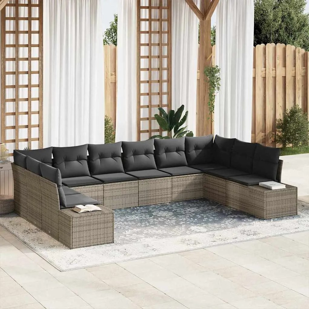 vidaXL Σετ Καναπέ Κήπου με μαξιλάρι 10 pcs Γκρι Πολυ ράταν