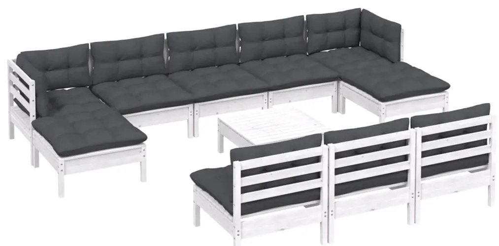 vidaXL Σαλόνι Κήπου Σετ 11 Τεμαχίων Λευκό από Ξύλο Πεύκου με Μαξιλάρια