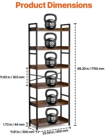 VEVOR Metal Bookshelf Rustic Bookshelf 6-Tier for Living room Bedroom &amp; Office