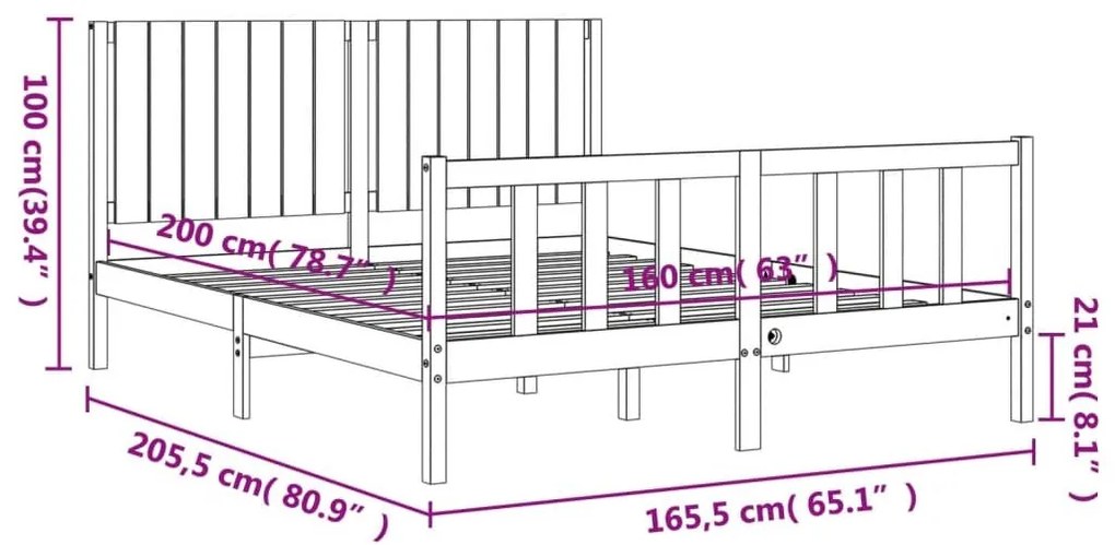 Σκελετός Κρεβατιού Χωρίς Στρώμα 160x200 εκ Μασίφ Ξύλο Πεύκου - Καφέ