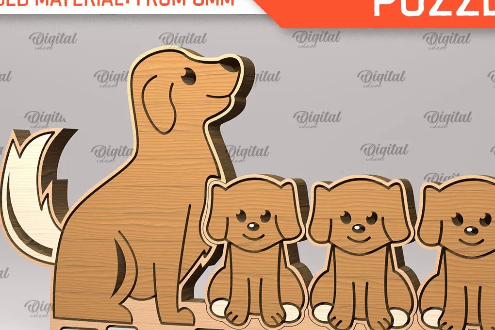 Σετ των 2 Intra απο ξύλο plywood 3mm-4mm πάχος - παζλ Family Dog Δίασταση 30x20 cm INTRAFABR-99619192
