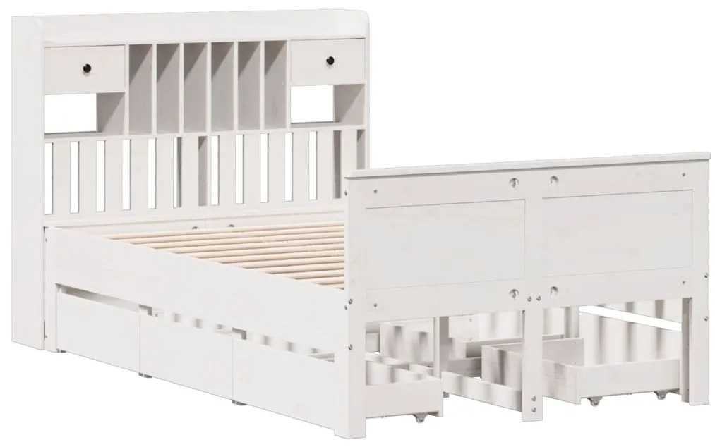 Κρεβάτι Βιβλιοθήκη Χωρίς Στρώμα Λευκό 135x190 εκ Μασίφ Πεύκο - Λευκό